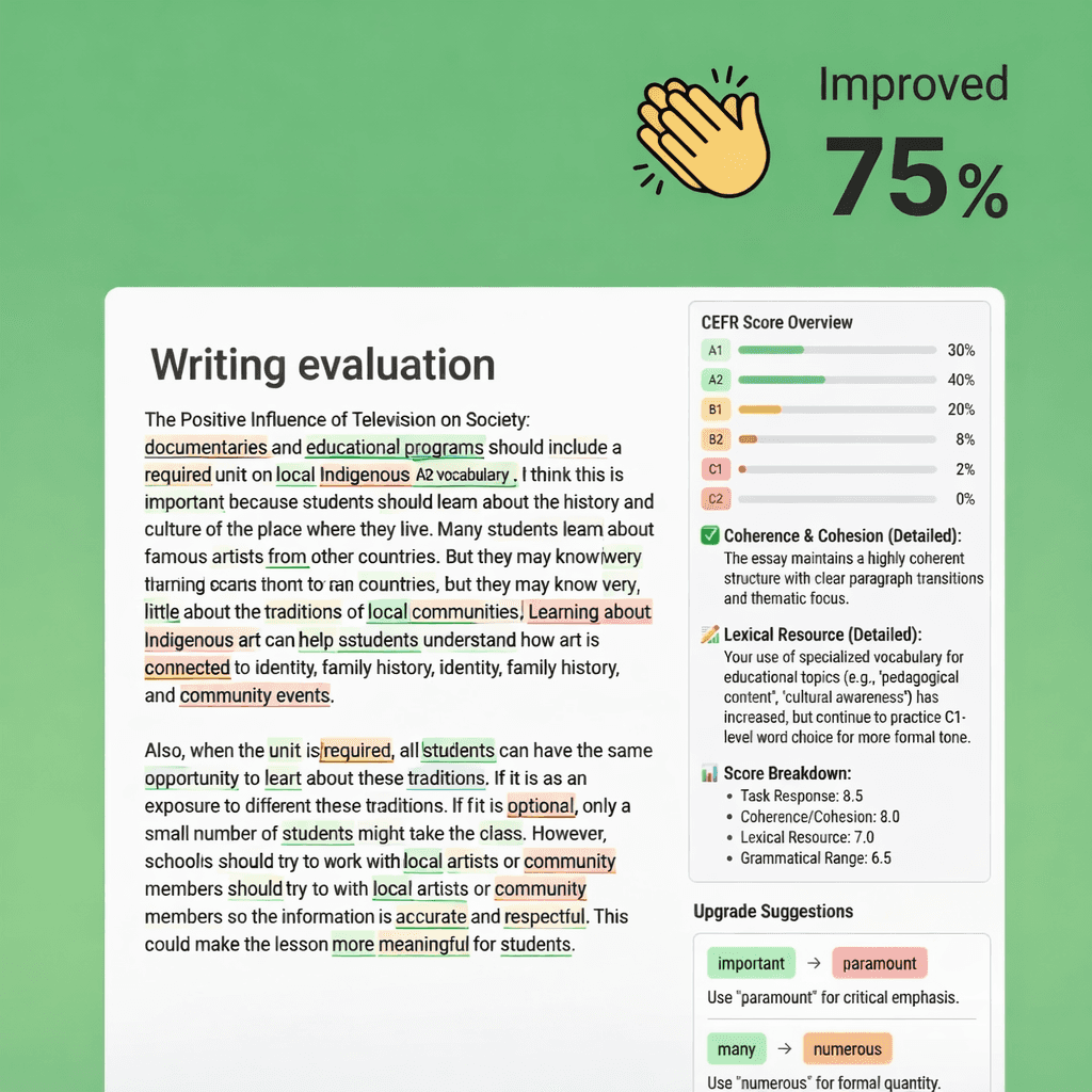 AI feedback for TOEFL Speaking and Writing with grammar correction and vocabulary upgrades